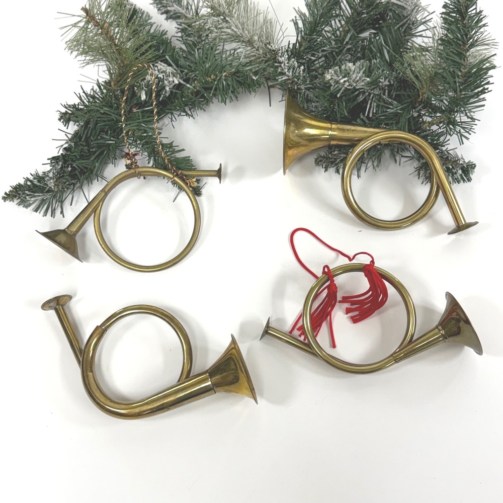 Set of 4 Vintage Brass French Horn Christmas Ornaments- Wreath decor
